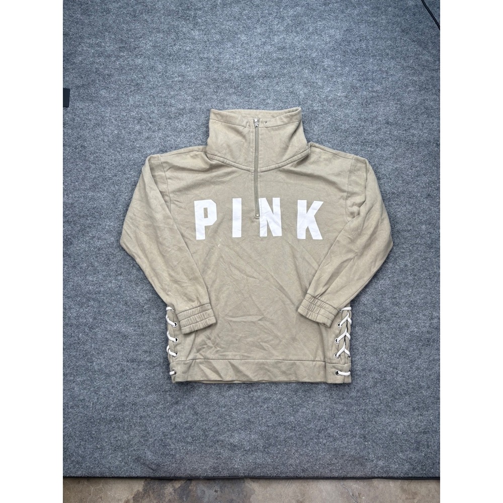 PINK Victoria's Secret Quarter Zip Pullover Sweatshirt Tan Lace Up Sides XS